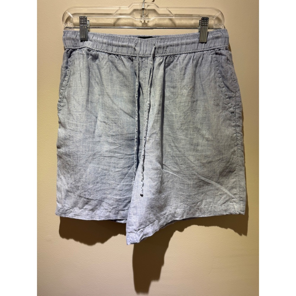 Tahari 100% Linen Drawstring Shorts Women's M Light Blue Chambray Pull-On